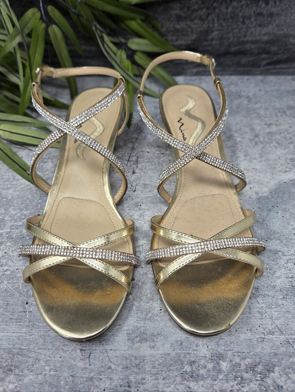 Nina Shiny Metallic Gold & Rhinestone Fancy 2" Wedge Dress Sandals Size 9 - Picture 2 of 10